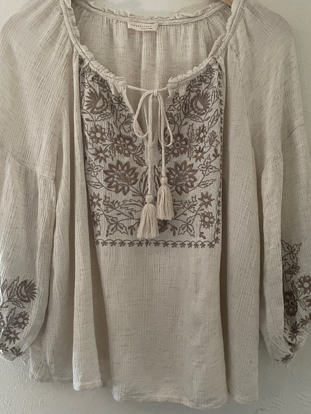Love Stitch Embroidered Linen Viscose Peasant Blouse Oatmeal Large EUC
